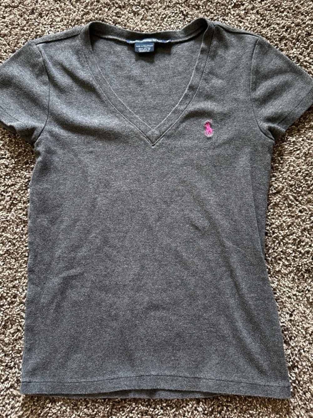 Ralph Lauren Charcoal V-Neck Short Sleeve Tee with Pink Polo Logo